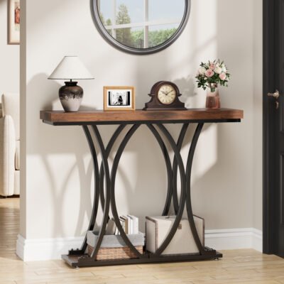 001 Rustic Console Table with Curved Metal Frame
