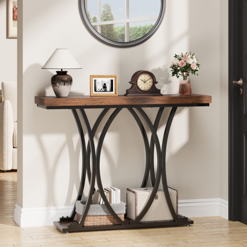 001 Rustic Console Table with Curved Metal Frame