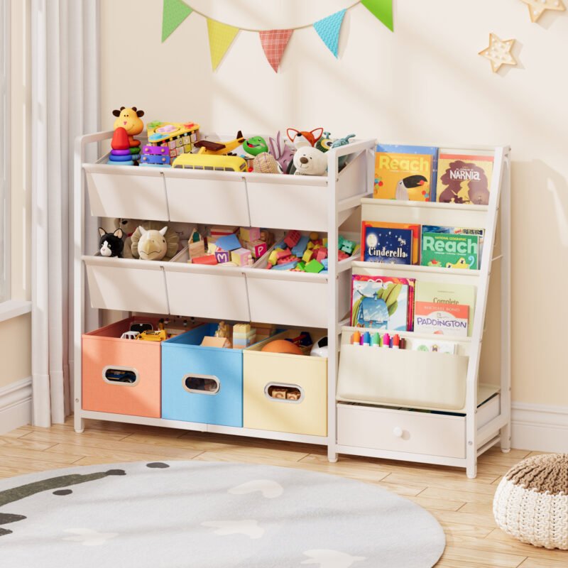 001 Wooden Children Storage Rack with Bins & Drawer for Playroom