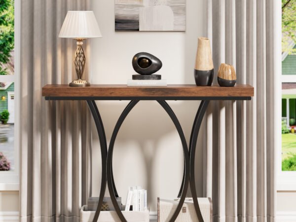 Rustic Console Table with Curved Metal Frame