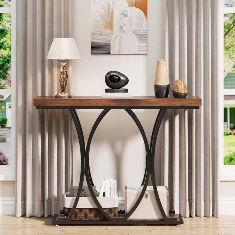 002 Rustic Console Table with Curved Metal Frame
