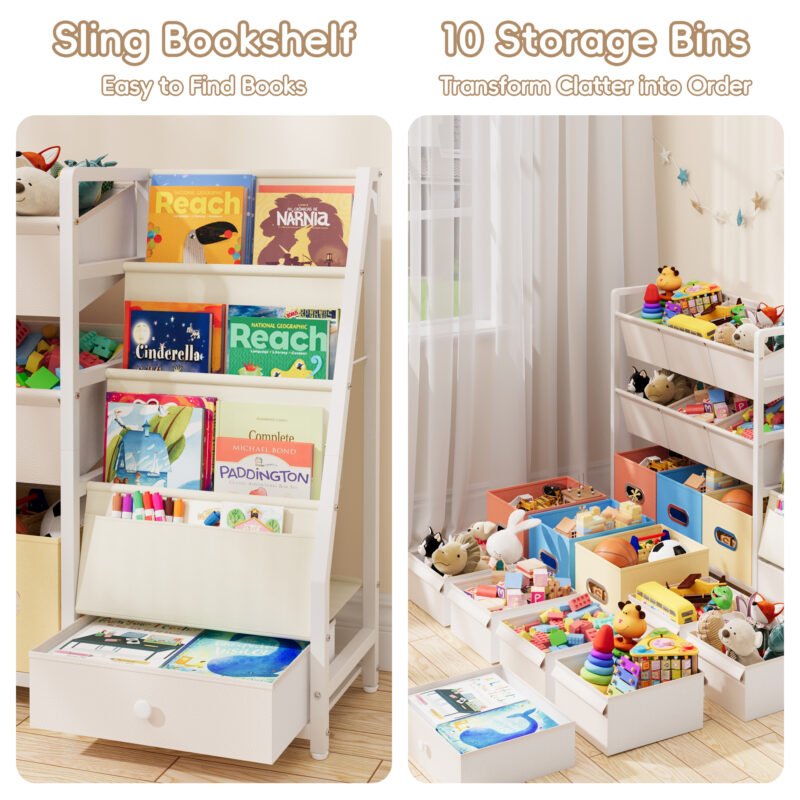 004 Wooden Children Storage Rack with Bins & Drawer for Playroom