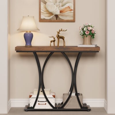 006 Rustic Console Table with Curved Metal Frame