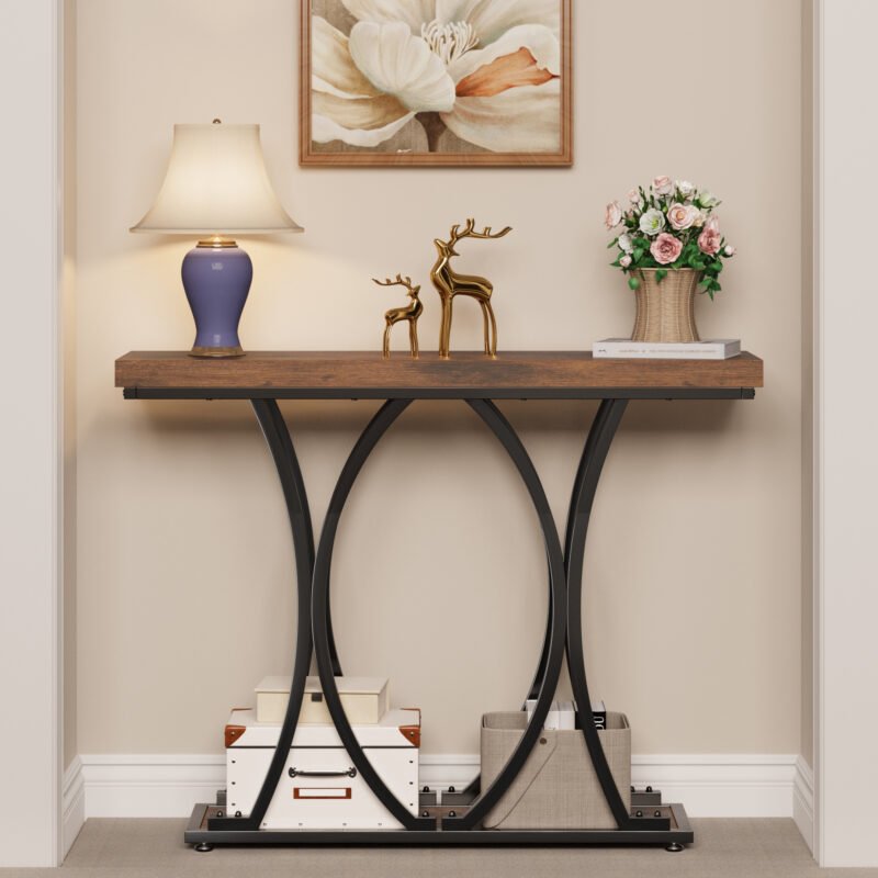 006 Rustic Console Table with Curved Metal Frame