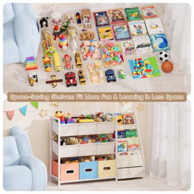 007 Wooden Children Storage Rack with Bins & Drawer for Playroom