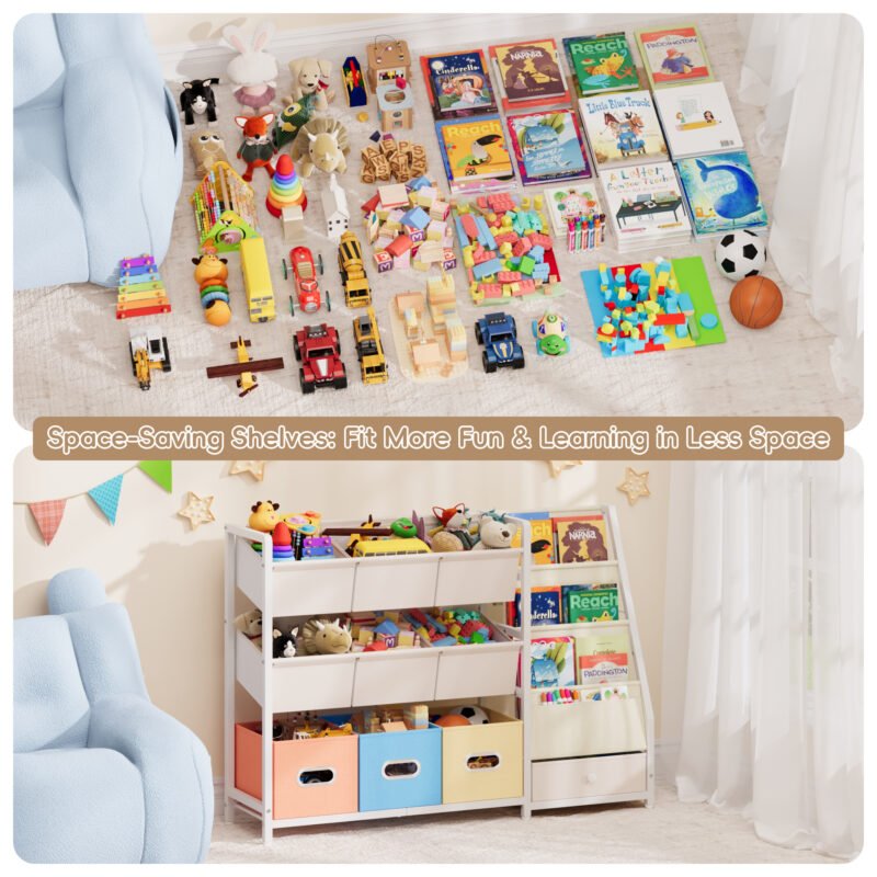007 Wooden Children Storage Rack with Bins & Drawer for Playroom