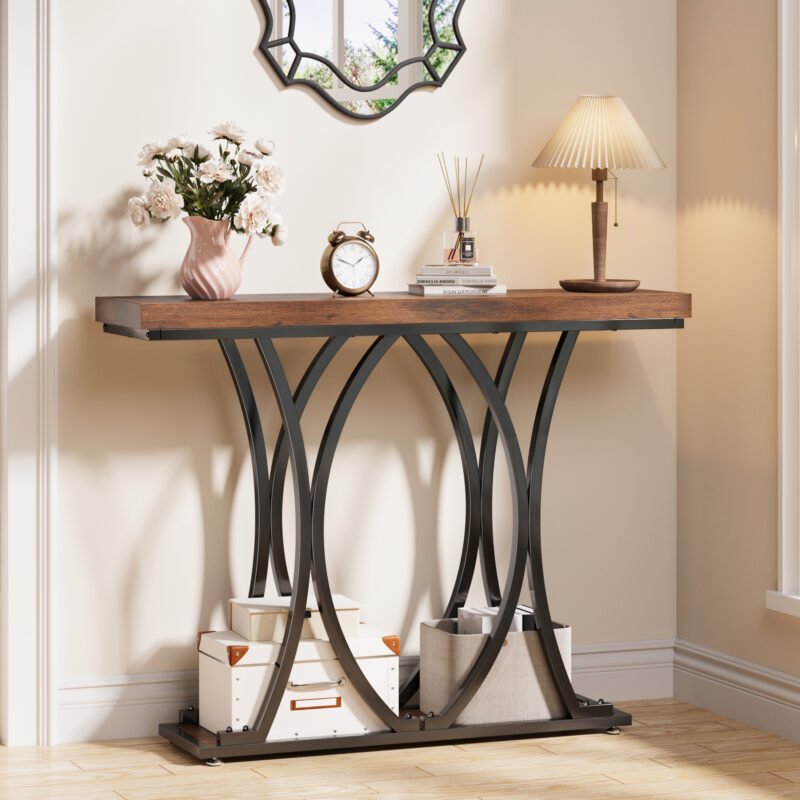 007 Rustic Console Table with Curved Metal Frame