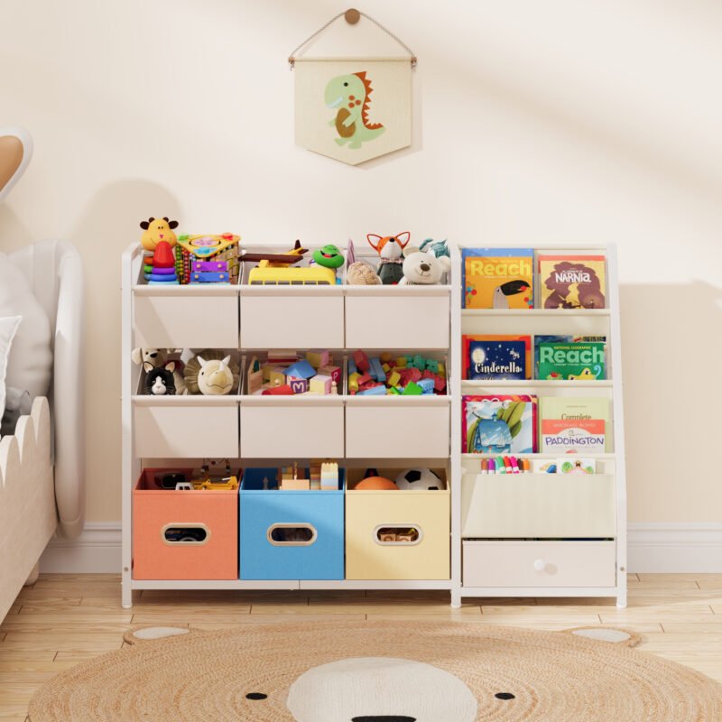 008 Wooden Children Storage Rack with Bins & Drawer for Playroom