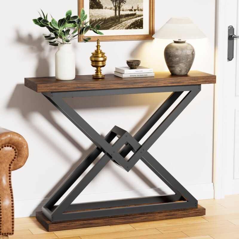 1 Rustic Brown Wood Sofa Table with Black Metal Legs for Entryway