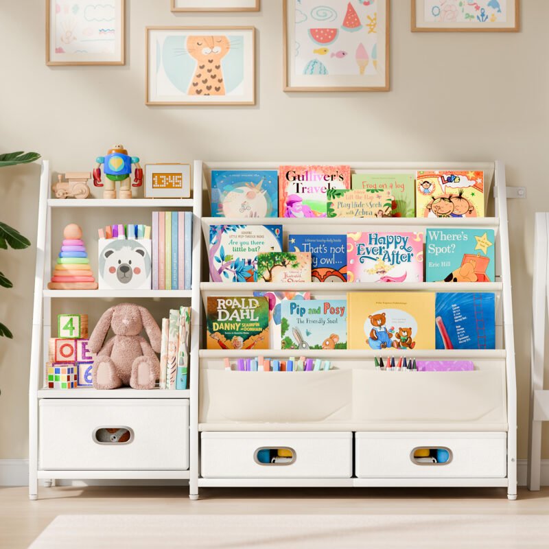2-1 Kids Book and Toy Storage Organizer 3 Tier Front Facing Bookshelf