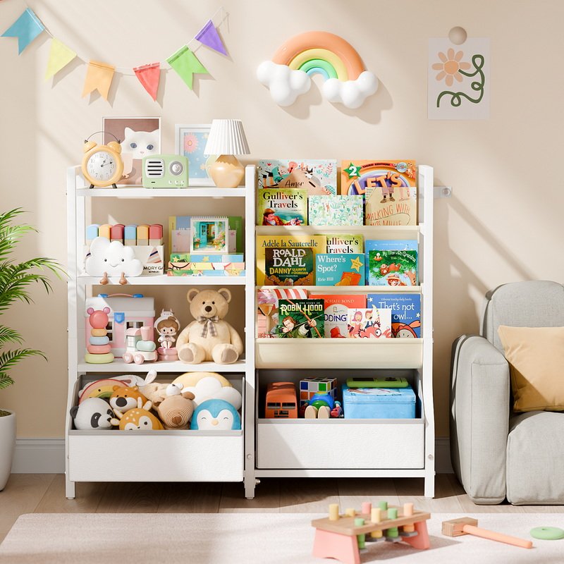 Wood Kids Cabinet Toy Storage Space-Saving 4-Shelf