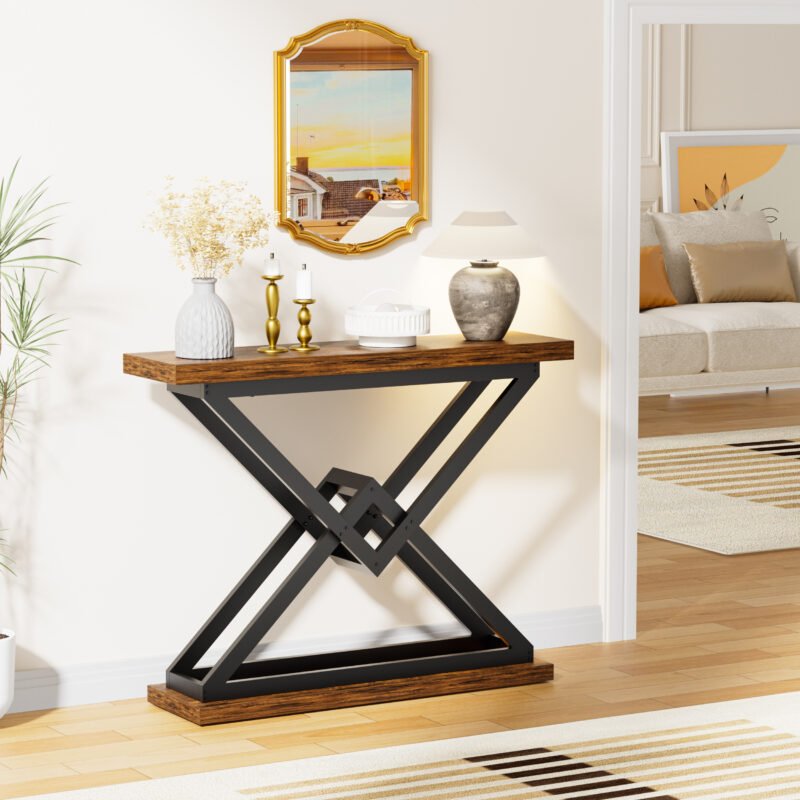 3 Rustic Brown Wood Sofa Table with Black Metal Legs for Entryway