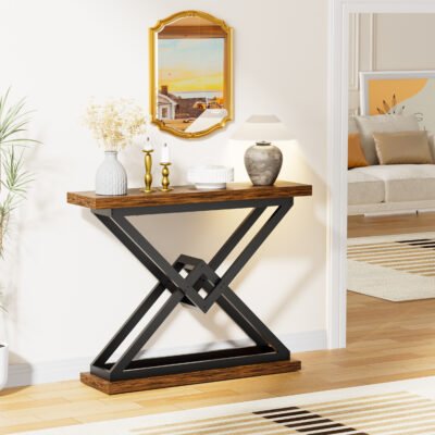 3 Rustic Brown Wood Sofa Table with Black Metal Legs for Entryway