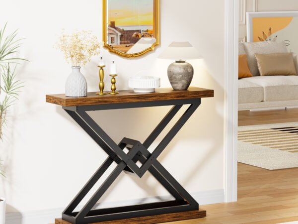Rustic Brown Wood Sofa Table with Black Metal Legs for Entryway