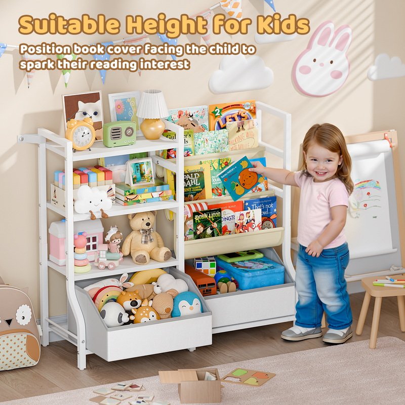 Wood Kids Cabinet Toy Storage Space-Saving 4-Shelf