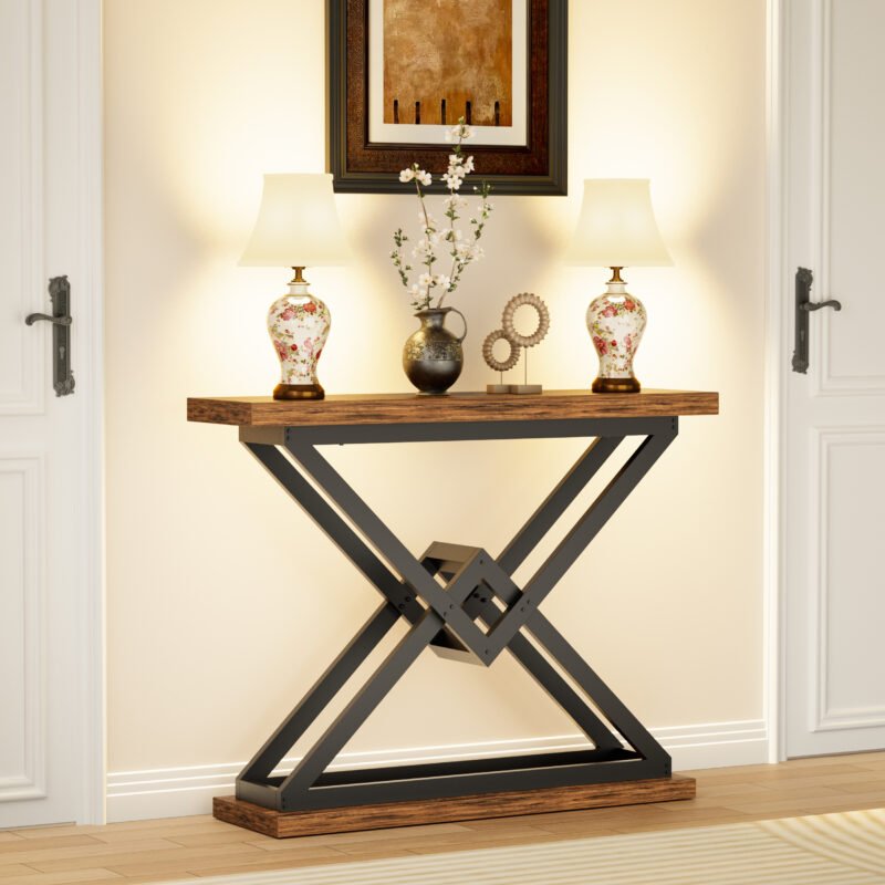 4 Rustic Brown Wood Sofa Table with Black Metal Legs for Entryway