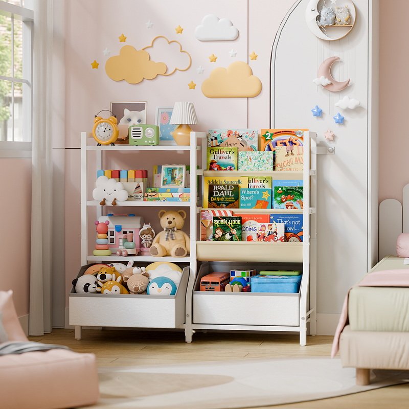 Wood Kids Cabinet Toy Storage Space-Saving 4-Shelf