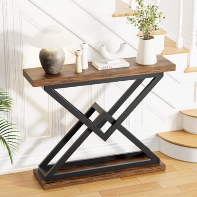 6 Rustic Brown Wood Sofa Table with Black Metal Legs for Entryway