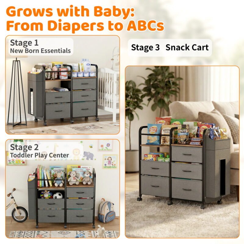 3-in-1 Rolling Storage Cart for Baby Kids Nursery Playroom