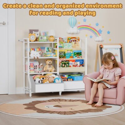 Wood Kids Cabinet Toy Storage Space-Saving 4-Shelf