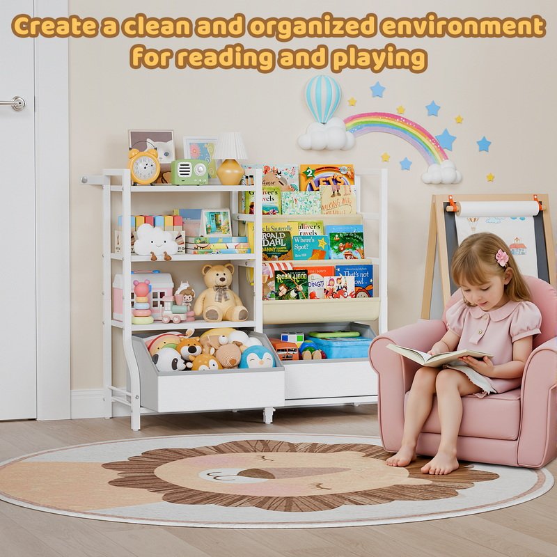 Wood Kids Cabinet Toy Storage Space-Saving 4-Shelf