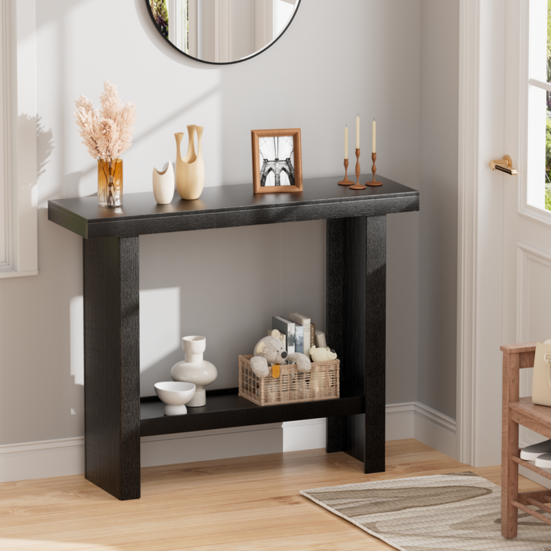 Black Modern Console Table with Storage Shelf