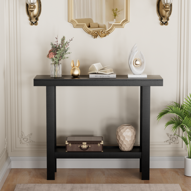 Black Modern Console Table with Storage Shelf