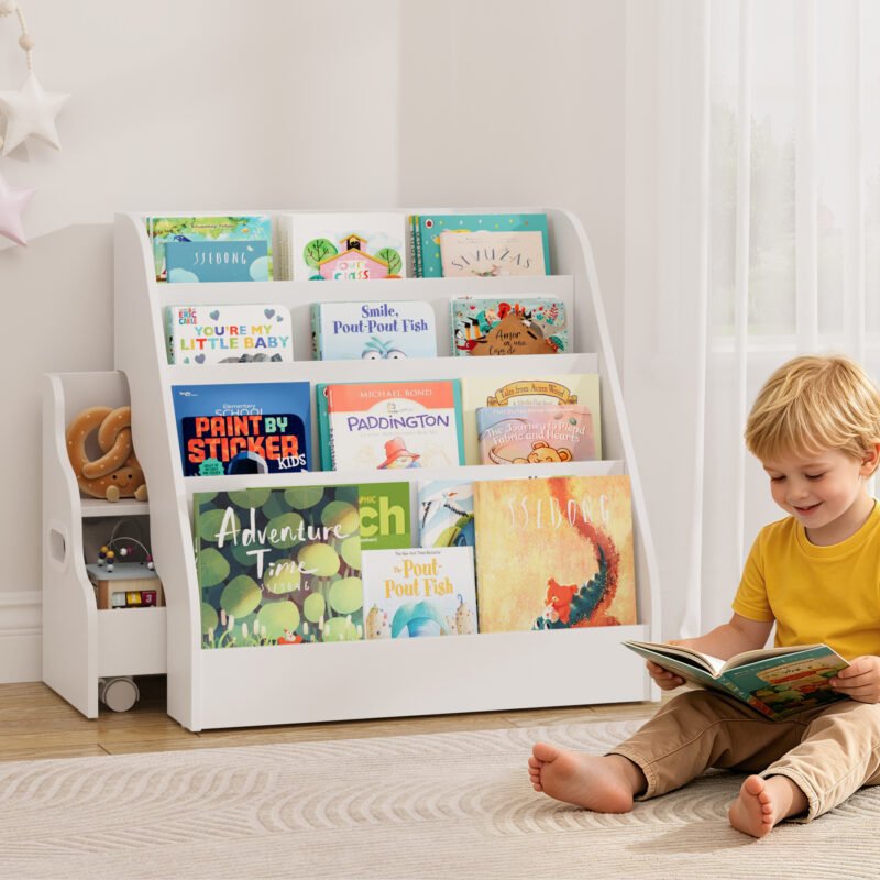 001 4-Tier Kids Sling Bookshelf with Side Rolling Toy Cabinet, Toddler Book Storage Organizer