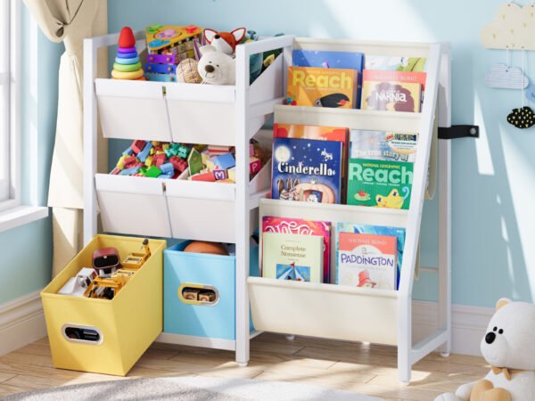 Kids Toy Storage Organizer with Fabric Bins, Multi-Shelf Children Book and Toy Storage Rack for Playroom Bedroom Nursery