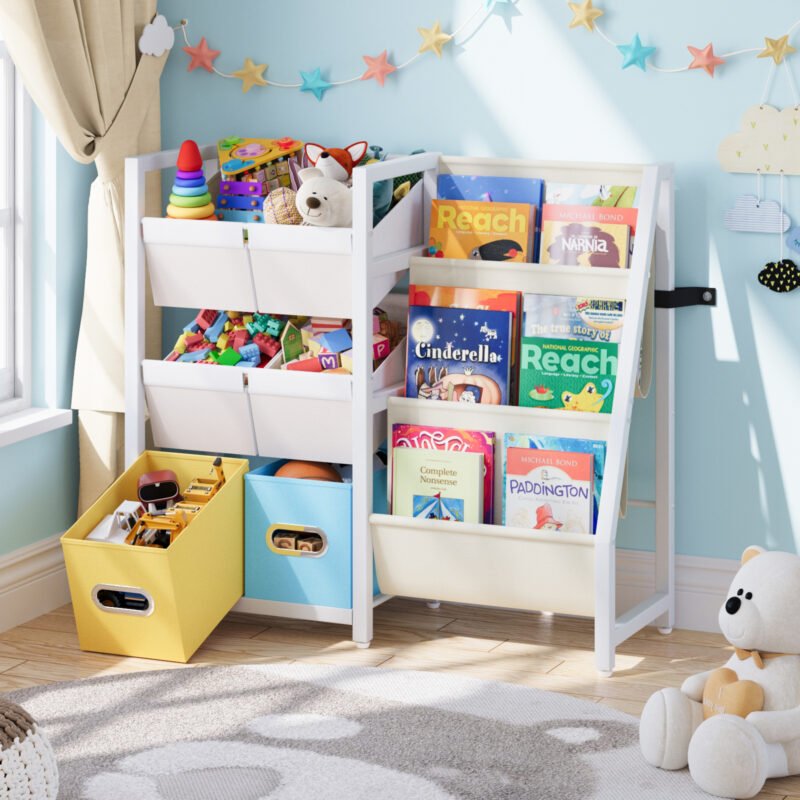001 Kids Toy Storage Organizer with Fabric Bins, Multi-Shelf Children Book and Toy Storage Rack for Playroom Bedroom Nursery