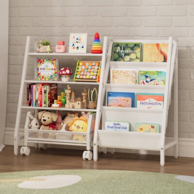 001 Double Side Kids Bookshelf with Rolling Mesh Toy Basket, 2-in-1 Book & Toy Storage Organizer, Nursery Playroom Furniture