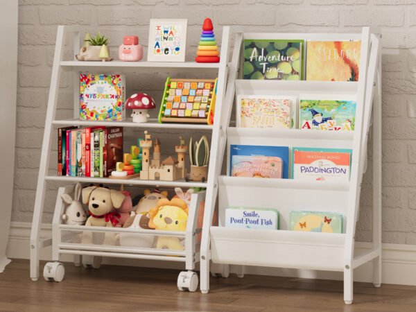 Double Side Kids Bookshelf with Rolling Mesh Toy Basket, 2-in-1 Book & Toy Storage Organizer, Nursery Playroom Furniture