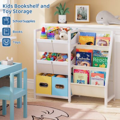 002 Kids Toy Storage Organizer with Fabric Bins, Multi-Shelf Children Book and Toy Storage Rack for Playroom Bedroom Nursery
