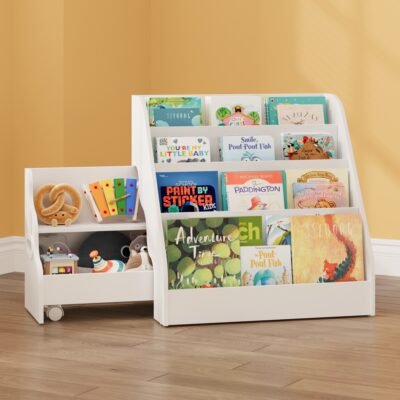 002 4-Tier Kids Sling Bookshelf with Side Rolling Toy Cabinet, Toddler Book Storage Organizer