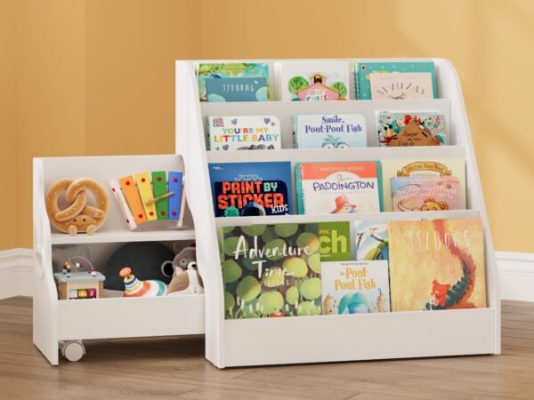 4-Tier Kids Sling Bookshelf with Side Rolling Toy Cabinet, Toddler Book Storage Organizer