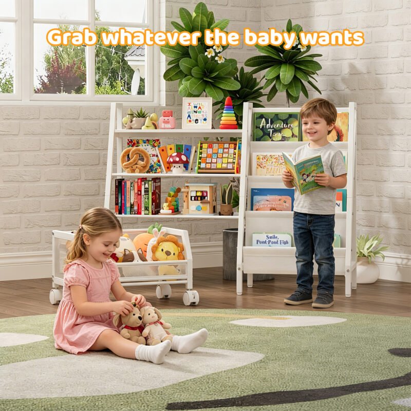 003 Double Side Kids Bookshelf with Rolling Mesh Toy Basket, 2-in-1 Book & Toy Storage Organizer, Nursery Playroom Furniture