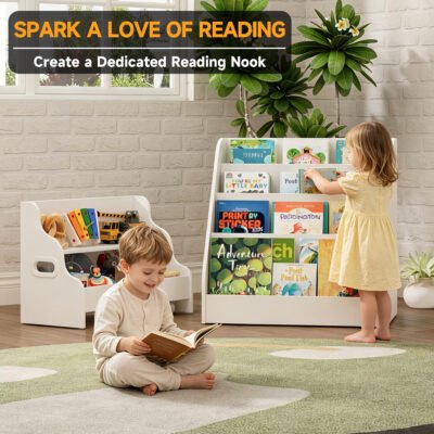004 4-Tier Kids Sling Bookshelf with Side Rolling Toy Cabinet, Toddler Book Storage Organizer