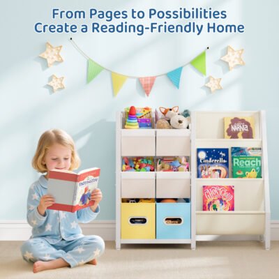 004 Kids Toy Storage Organizer with Fabric Bins, Multi-Shelf Children Book and Toy Storage Rack for Playroom Bedroom Nursery