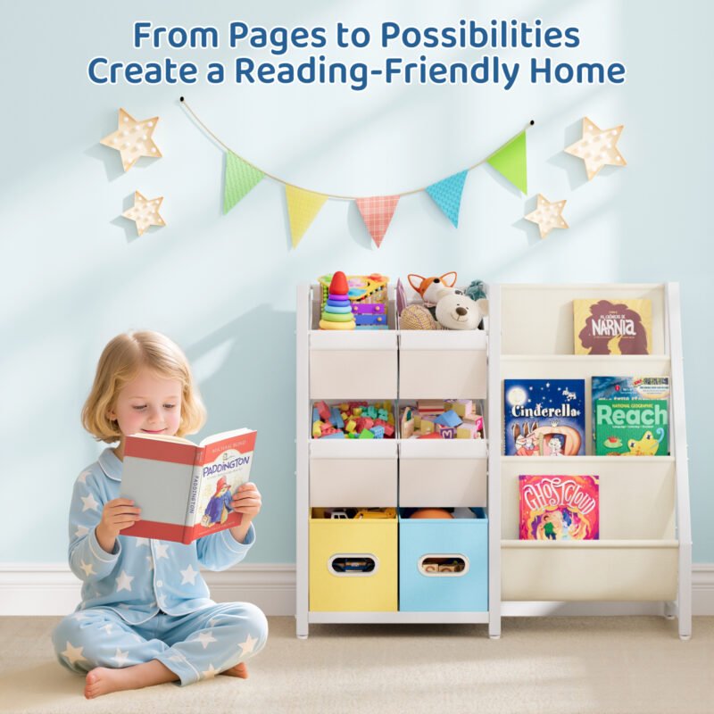004 Kids Toy Storage Organizer with Fabric Bins, Multi-Shelf Children Book and Toy Storage Rack for Playroom Bedroom Nursery