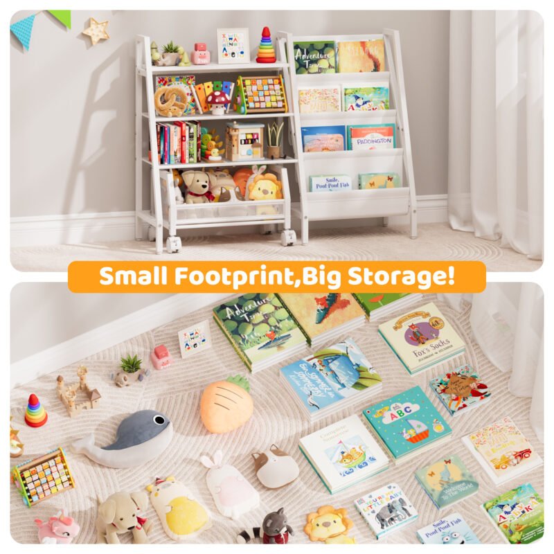 004 Double Side Kids Bookshelf with Rolling Mesh Toy Basket, 2-in-1 Book & Toy Storage Organizer, Nursery Playroom Furniture