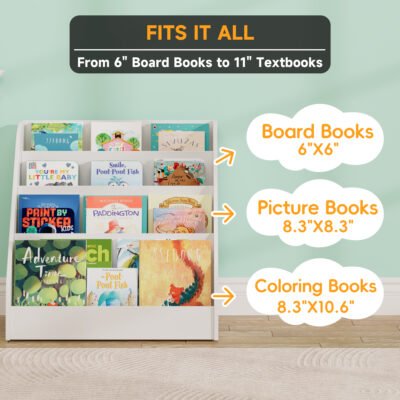 005 4-Tier Kids Sling Bookshelf with Side Rolling Toy Cabinet, Toddler Book Storage Organizer