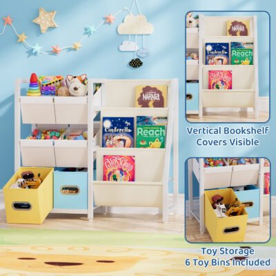 005 Kids Toy Storage Organizer with Fabric Bins, Multi-Shelf Children Book and Toy Storage Rack for Playroom Bedroom Nursery