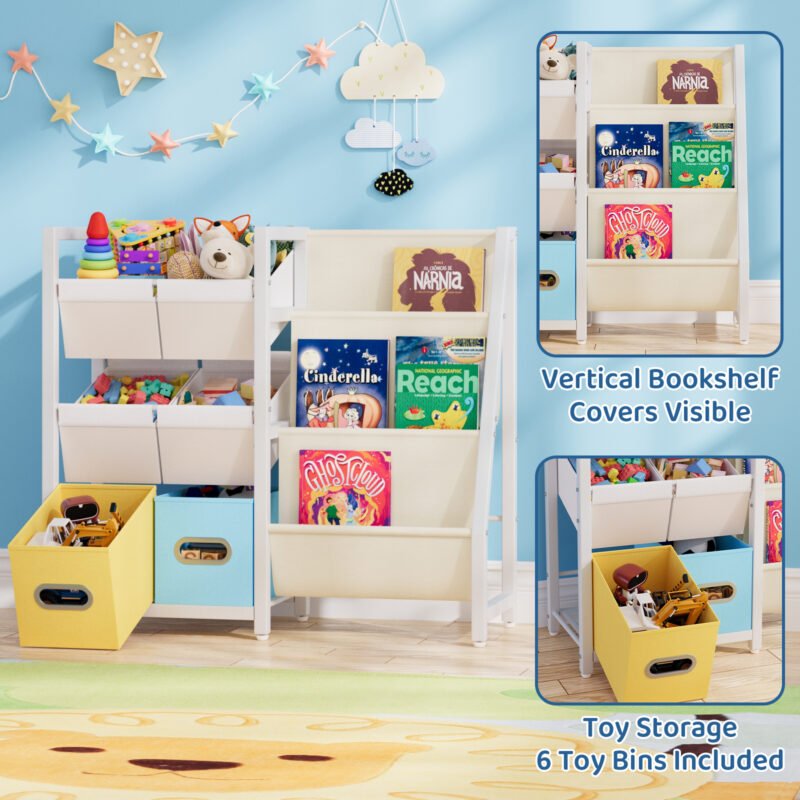 005 Kids Toy Storage Organizer with Fabric Bins, Multi-Shelf Children Book and Toy Storage Rack for Playroom Bedroom Nursery