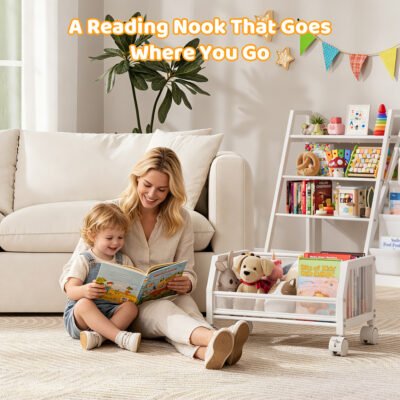 005 Double Side Kids Bookshelf with Rolling Mesh Toy Basket, 2-in-1 Book & Toy Storage Organizer, Nursery Playroom Furniture