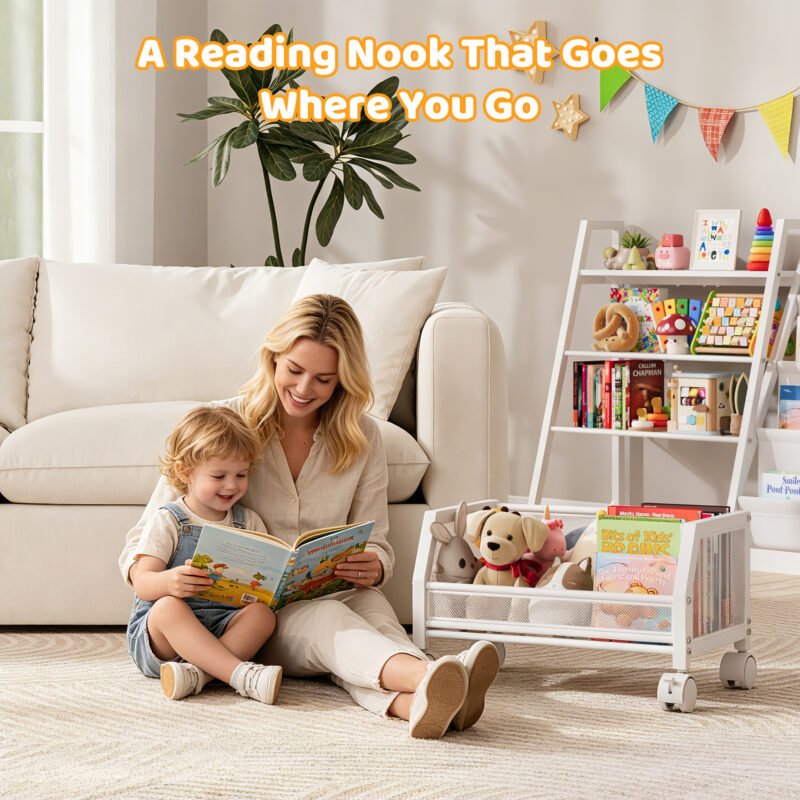 005 Double Side Kids Bookshelf with Rolling Mesh Toy Basket, 2-in-1 Book & Toy Storage Organizer, Nursery Playroom Furniture