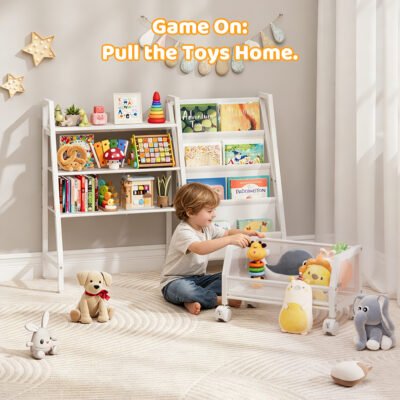 006 Double Side Kids Bookshelf with Rolling Mesh Toy Basket, 2-in-1 Book & Toy Storage Organizer, Nursery Playroom Furniture