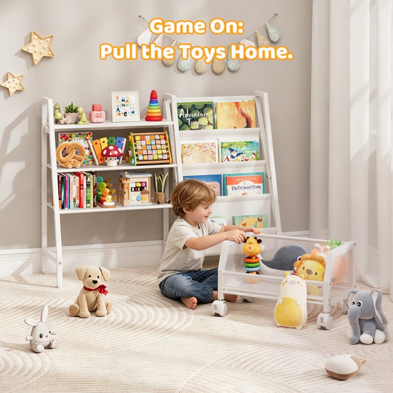 006 Double Side Kids Bookshelf with Rolling Mesh Toy Basket, 2-in-1 Book & Toy Storage Organizer, Nursery Playroom Furniture