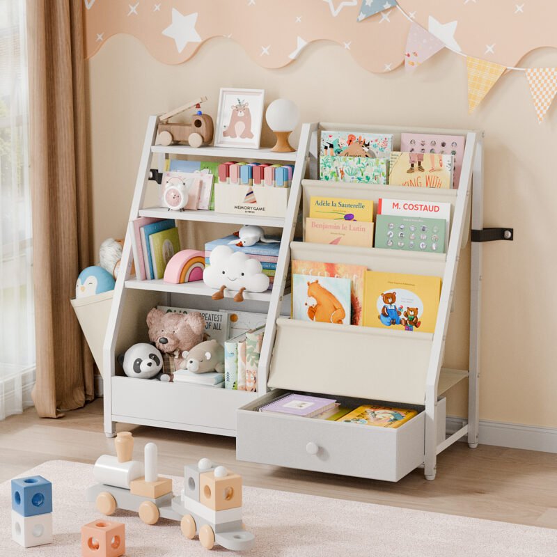 Kids Wooden Bookcase with Fabric Drawer, Double Side Children Bookshelf Toy Storage Organizer for Playroom Bedroom
