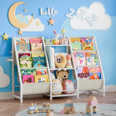 1 3-Bay Kids Book Storage Rack, Multi-Shelf Children Bookcase with Fabric Pocket for Playroom Nursery Bedroom