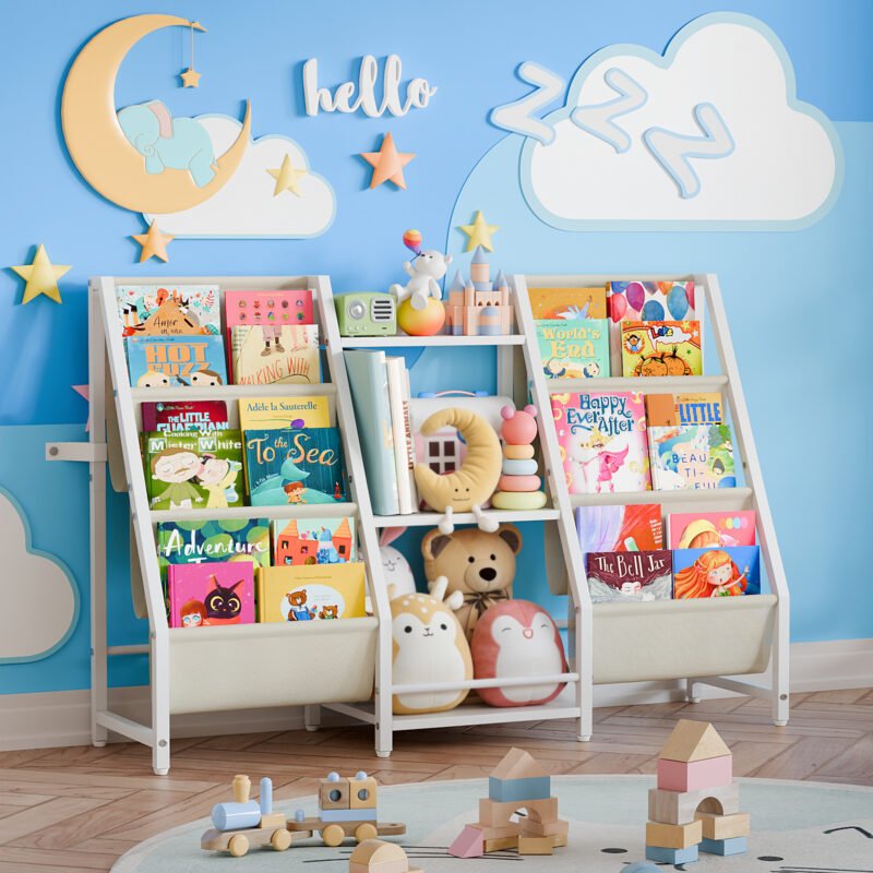 1 3-Bay Kids Book Storage Rack, Multi-Shelf Children Bookcase with Fabric Pocket for Playroom Nursery Bedroom